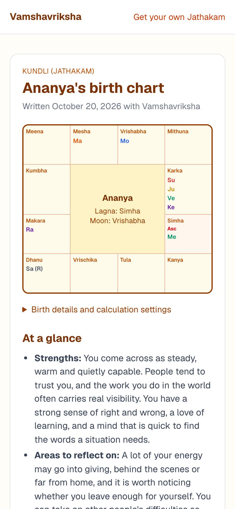 A sample Kundli on a phone: the South Indian chart and the start of the written reading